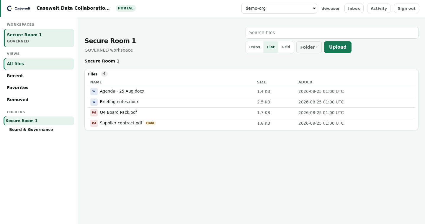 Casewelt workspace with folders, file versions and a governed hold badge